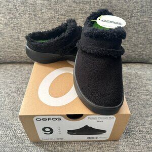 OOFOS OOcoozie Mules Women 9M Slippers Shoes Black Sherpa Slip On Comfort Clogs